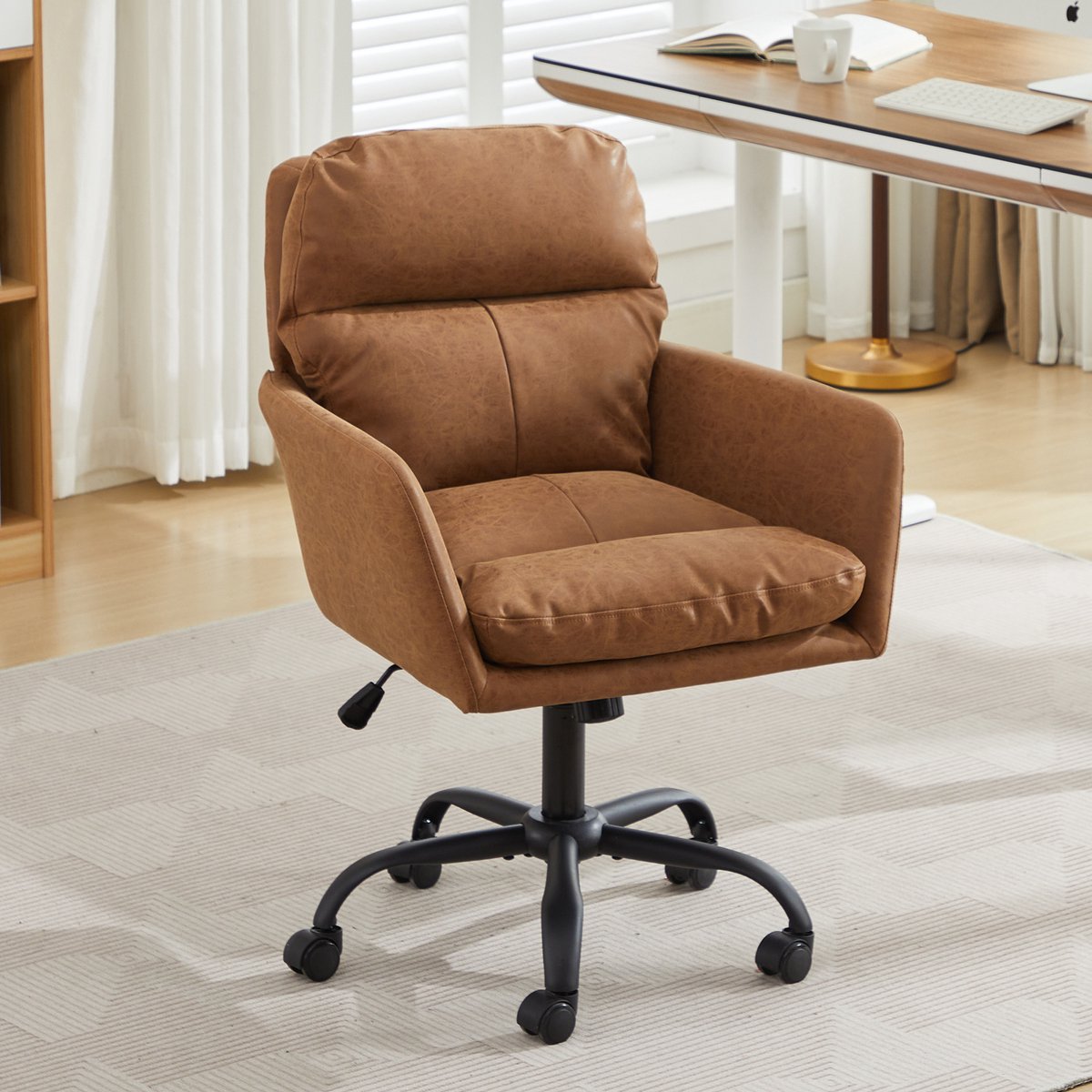 REDOM - Bureaustoel - Verstelbare zithoogte - Met vaste armleuningen en wielen - PU kunstleer - Zakelijke stijl - Bureau - Bruin - 103 x 60 cm