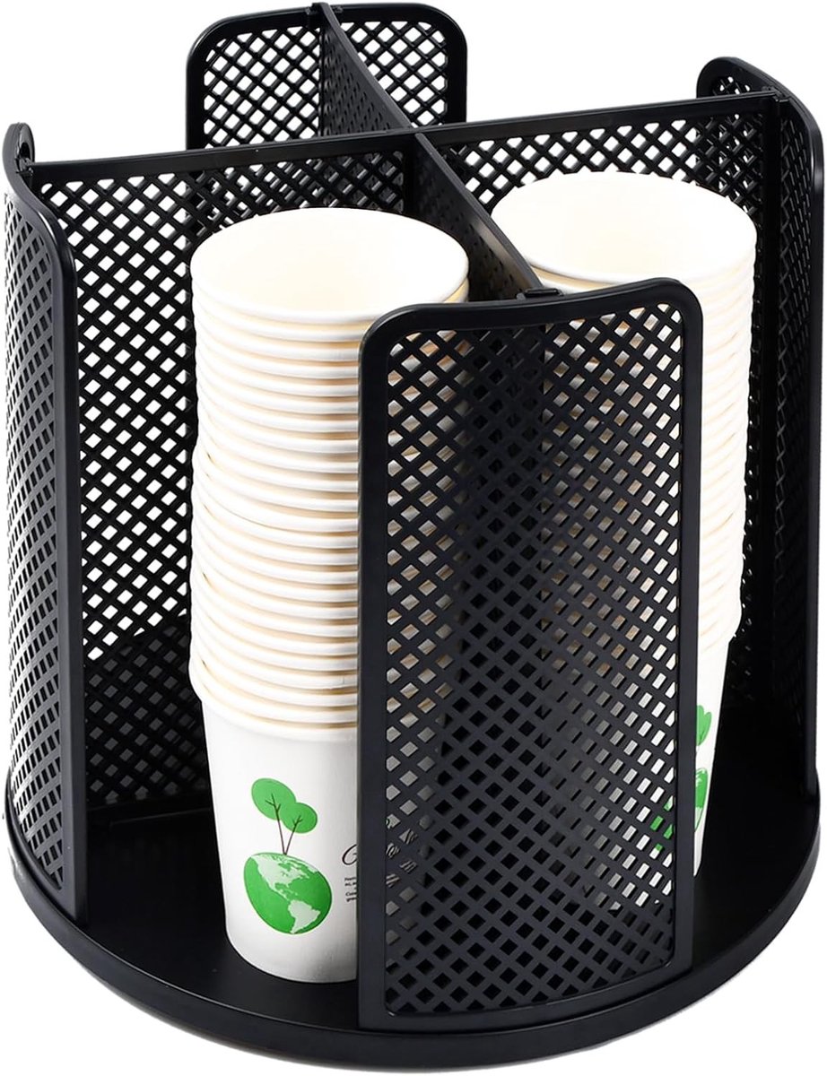 Draaibare Bekerdispenser - Zwart - 24 x 23 cm - Kunststof Organizer met 4 Vakken - Voor Koffie, Cosmetica en Keukengerei