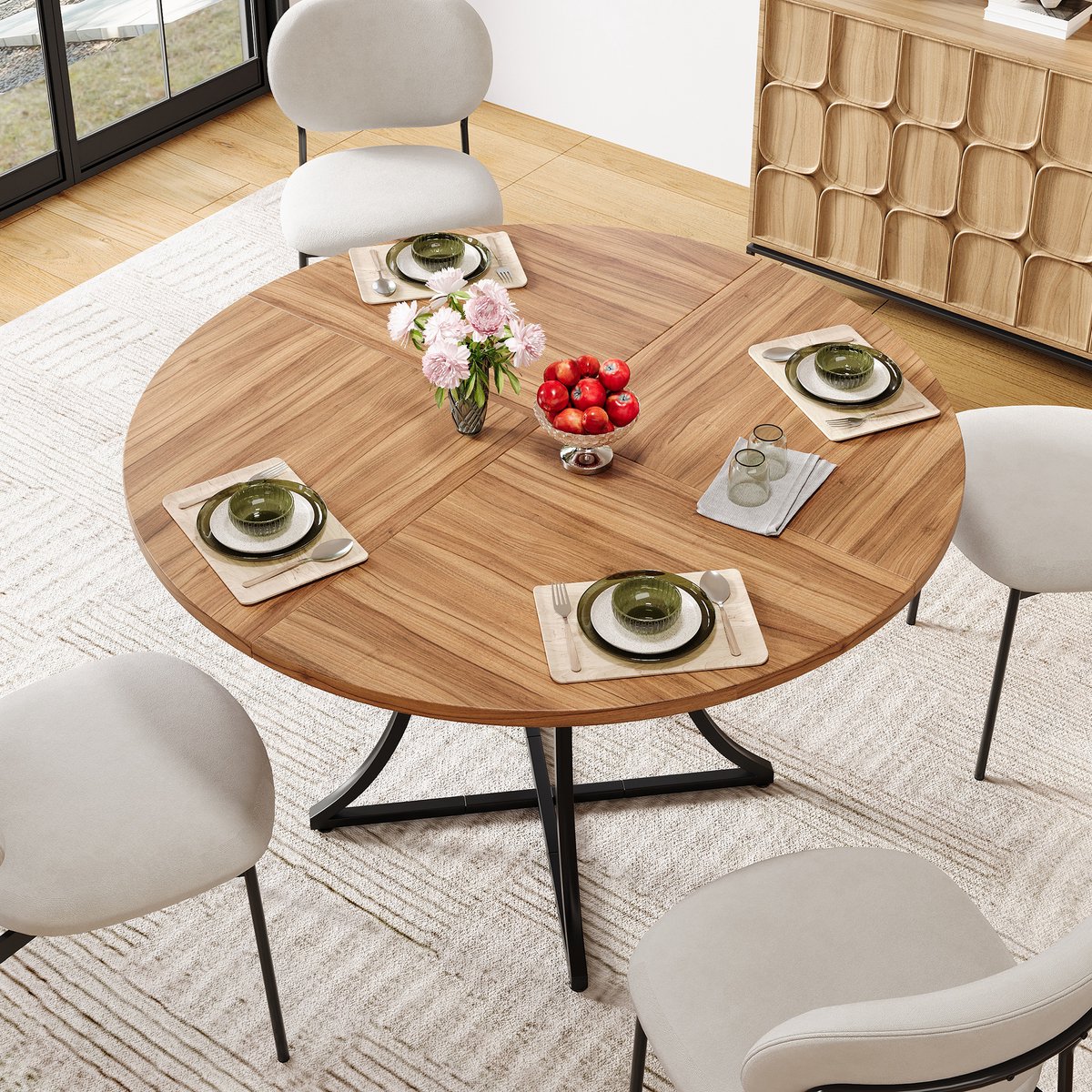 MIVRAY Tafel - Ronde Eettafel Met Opbergplank En X Poot - Voor Woonkamer En Keuken - MDF En Metaal - 100 Cm - Walnoot Zwart