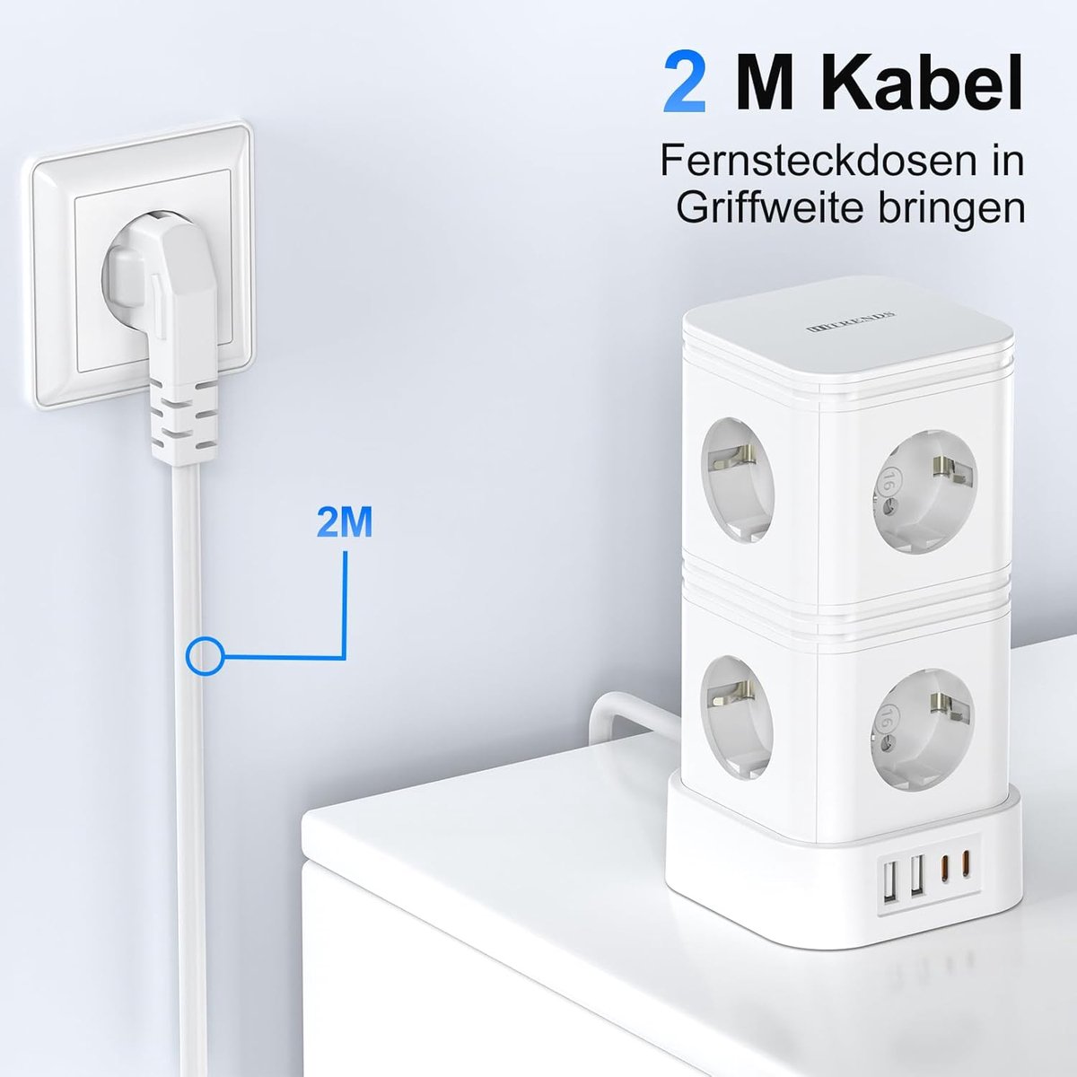 Stekkerdoos 8-Weg met USB-C 20W PD - 8 Stopcontacten + 4 USB - 2 m VDE Kabel voor Thuis - Wit - ShopVlot