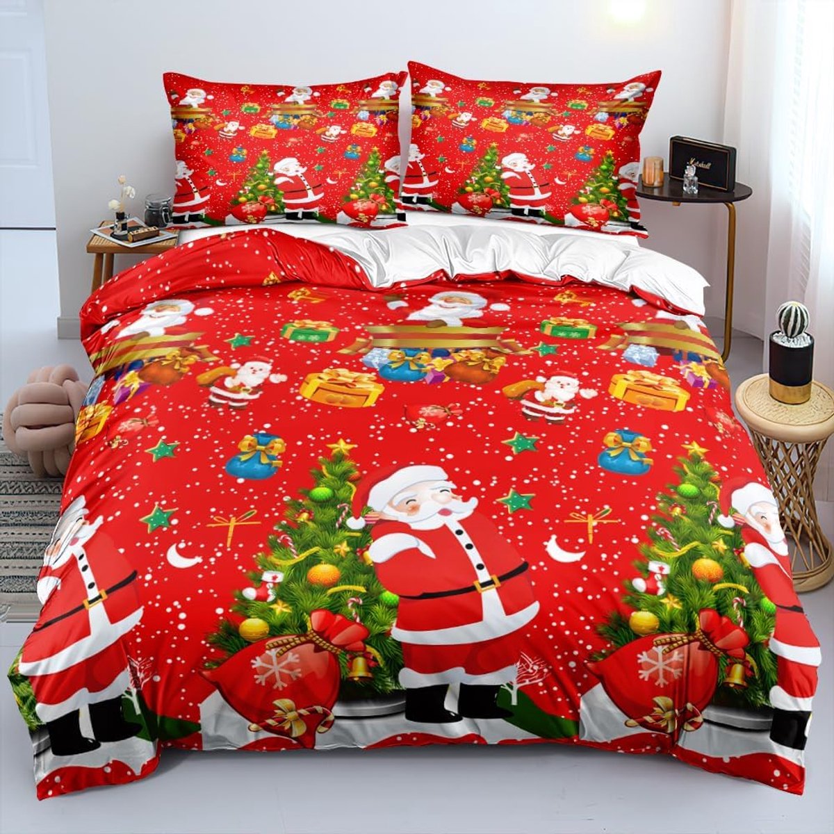 Beddengoedset 135 x 200 cm - Kerstman Rood Kleurrijk Winterpatroon - Zacht Microfiber - Perfect cadeau voor kinderen - ShopVlot