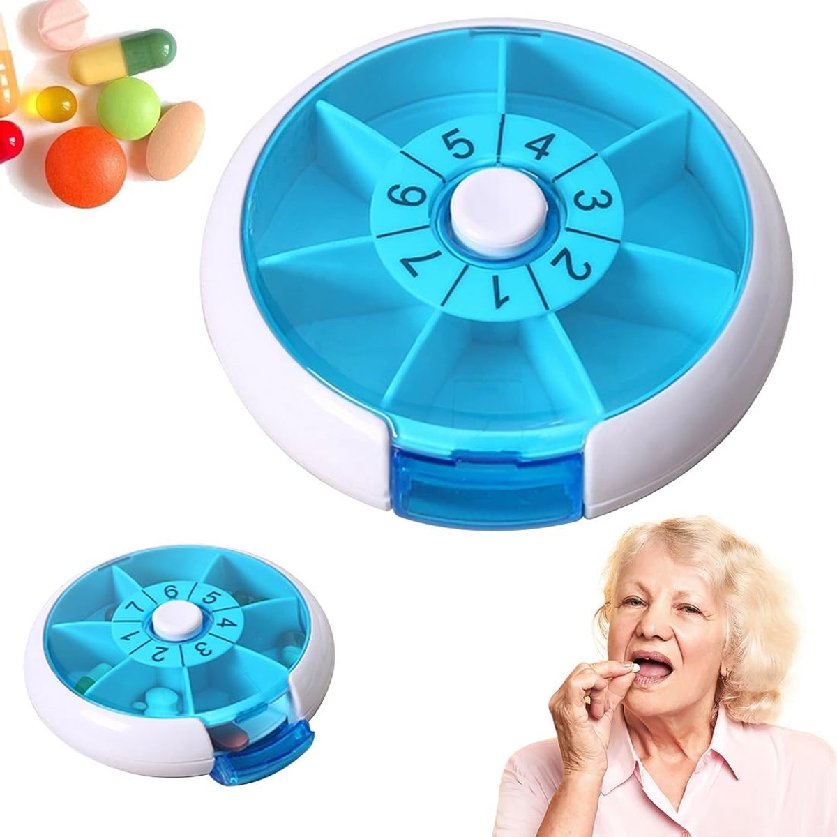 Tabletdoos rond 9x9 cm - blauw - 7 vakken - ideaal voor op reis - ShopVlot