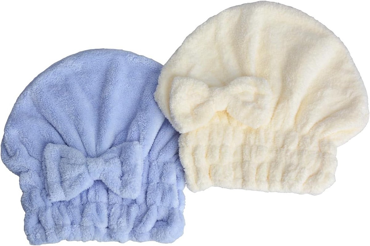 Microvezel Haardroogkap Set - Blauw + Wit - 2 Stuks - Sneldrogend Materiaal - Voor Dames en Meisjes