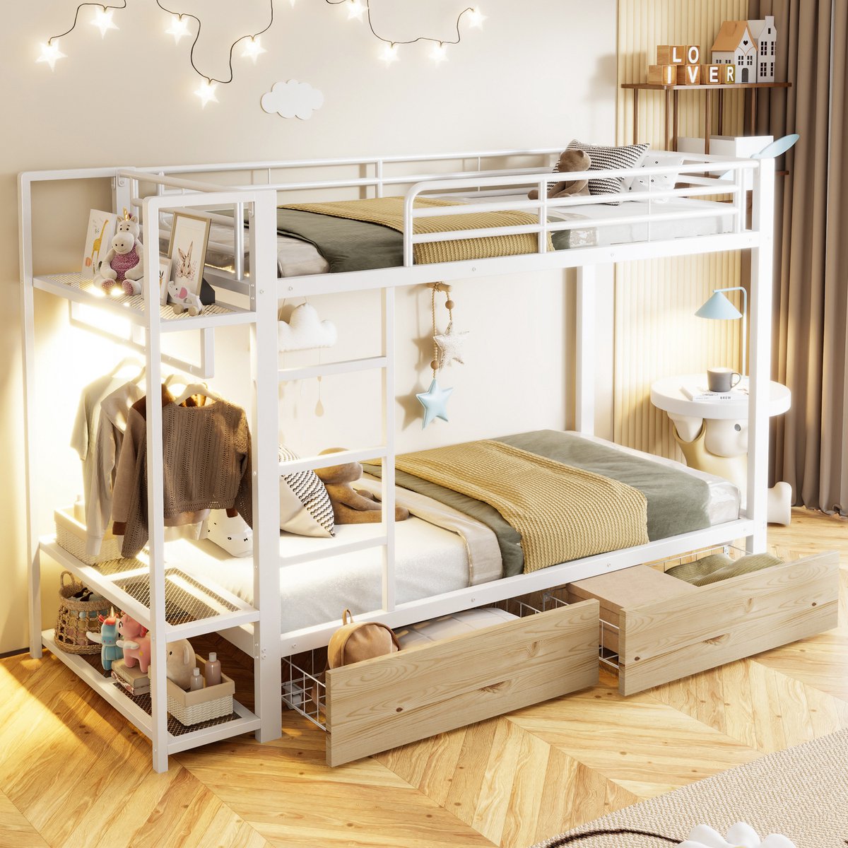 REDOM - Stapelbed - Metalen frame en MDF - 2 lades en meerdere opbergplanken - Met LED-verlichting en kledingstang - Kinderkamer - Wit - 226,5 x 95 x 160 cm