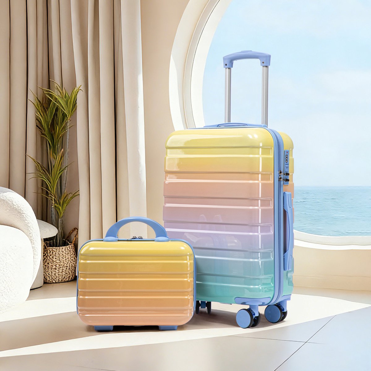 COVREO Kofferset 20 en 14 inch geel, hardcase van polycarbonaat met cijferslot