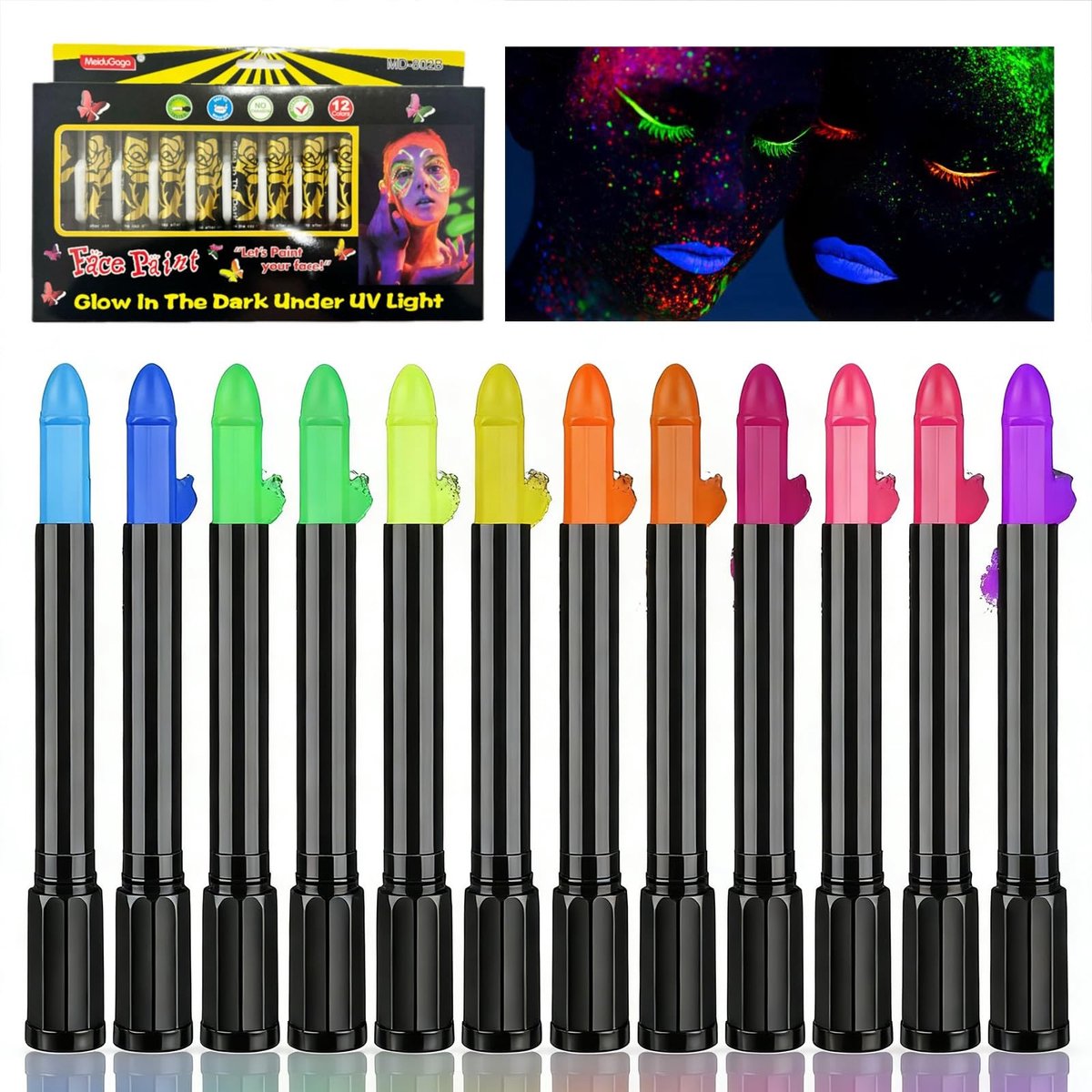 Solidchoice - 12 Kleuren UV Bodyverf Stiften voor Feestelijkheden