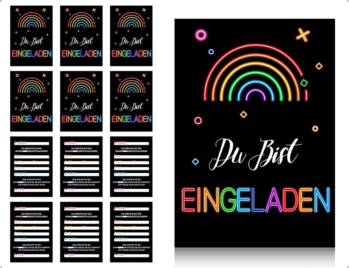 Solidchoice - 12 Neon Regenboog Uitnodigingskaarten voor Verjaardagsfeesten