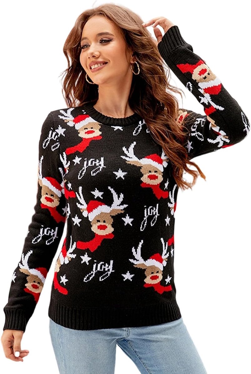 Kersttrui dames - ronde hals - lange mouwen - met bel en rendier - perfect voor de feestdagen - ShopVlot