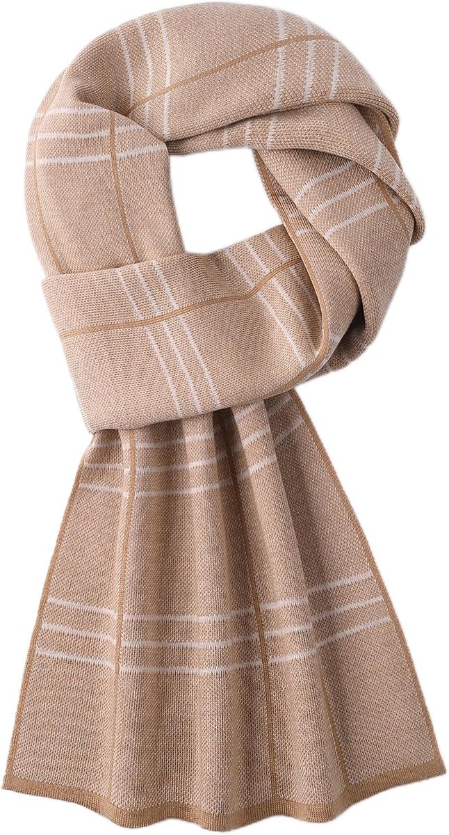 Gebreide sjaal heren 180×30cm - 6% wol - khaki & beige - warme casual stijl - ShopVlot