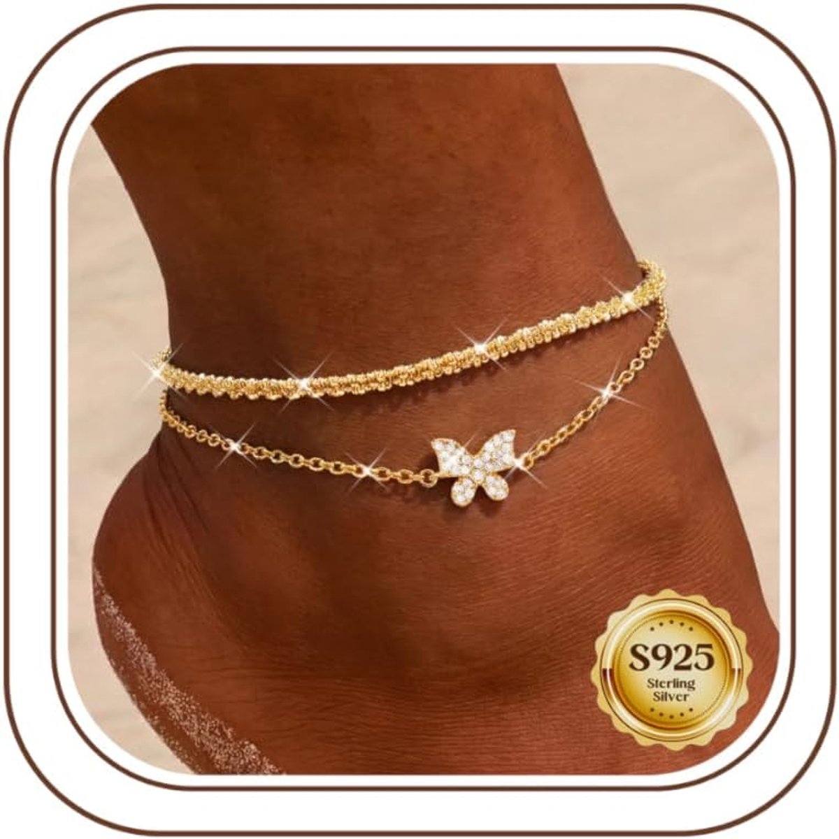 Enkelbandje 925 sterling zilver - verstelbaar - laagjes met vlinder, hart, ster en cirkel - ShopVlot