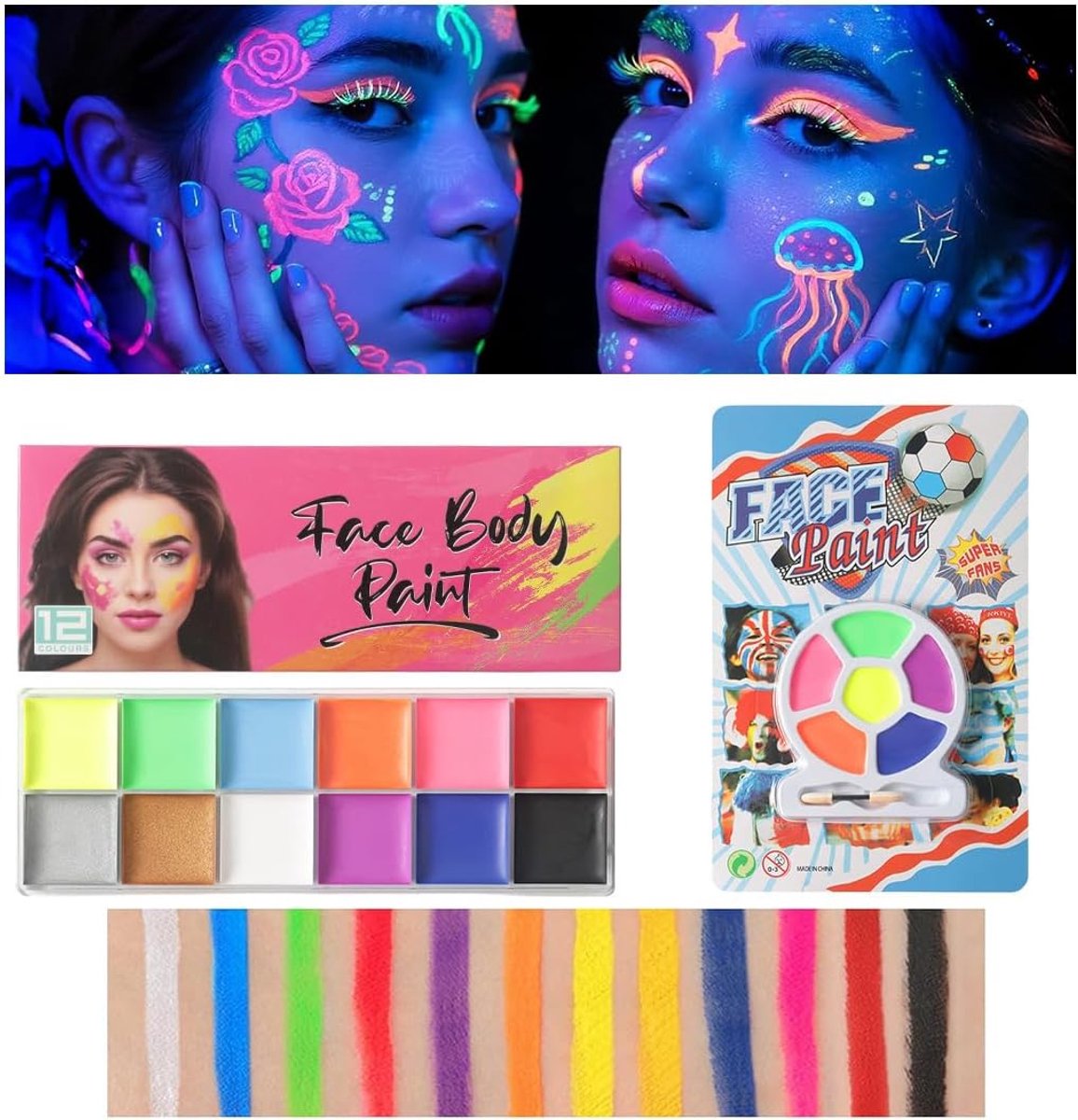 Neon makeup set 18 kleuren - fluorescerende bodyverf - waterproof en niet-toxisch - ideaal voor Halloween - ShopVlot