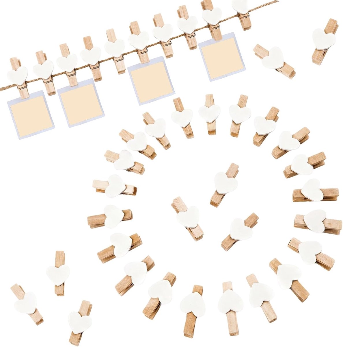 Houten knijpers 200 stuks - kleine wasknijpers - hartvormig - perfect voor fotomuren - ShopVlot