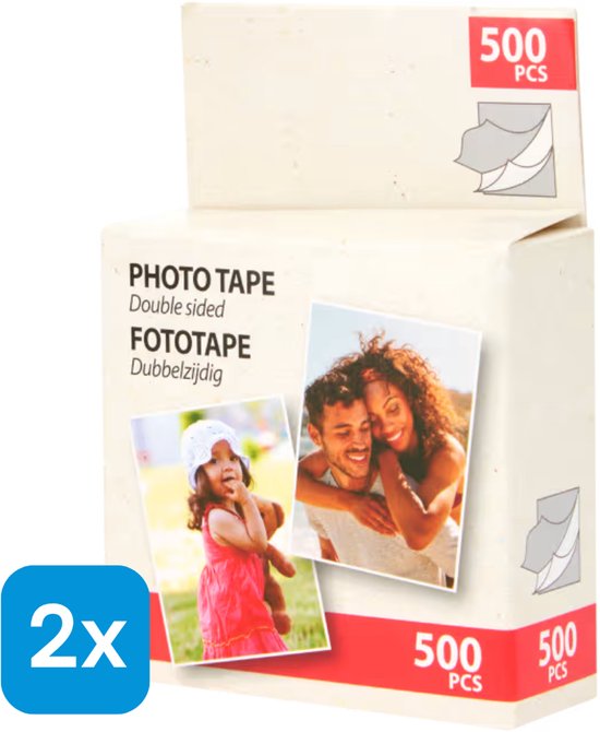 Boîte de ruban adhésif photo double face, 500 pièces. Montre des photos d'un couple souriant et d'une fille au chapeau blanc.