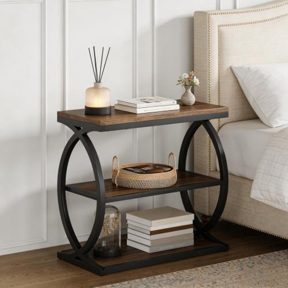 DESMIU Sidetable - Industrieel Design Met 3 Open Vakken - Voor Woonkamer En Hal - Metaal En Hout - 60x30x60 Cm - Zwart Bruin