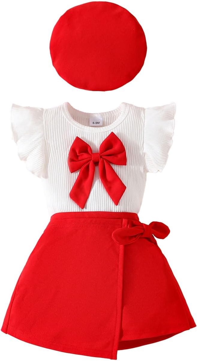 Baby Girls Clothing Set, Baby Girl Flying Sleeves Large Striknot Decoration Carters Set, Small Baby Clothes Red - ShopVlot