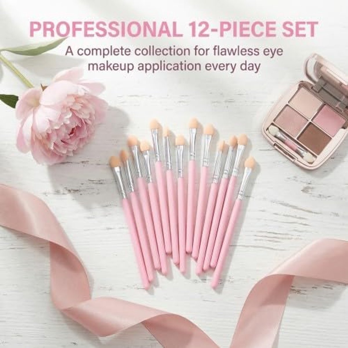 Oogschaduw-applicator set - 12 stuks - roze handvat met zilveren huls - voor nauwkeurige oogmake-up - ShopVlot