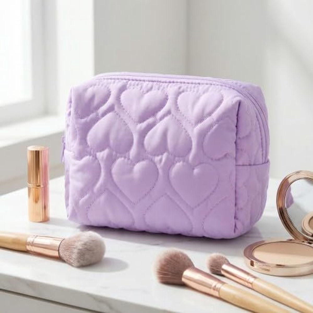 Make-uptas klein (17 x 8 x 10 cm) - paars hartdesign - charmante stijl - ideaal voor make-up en sieraden - ShopVlot
