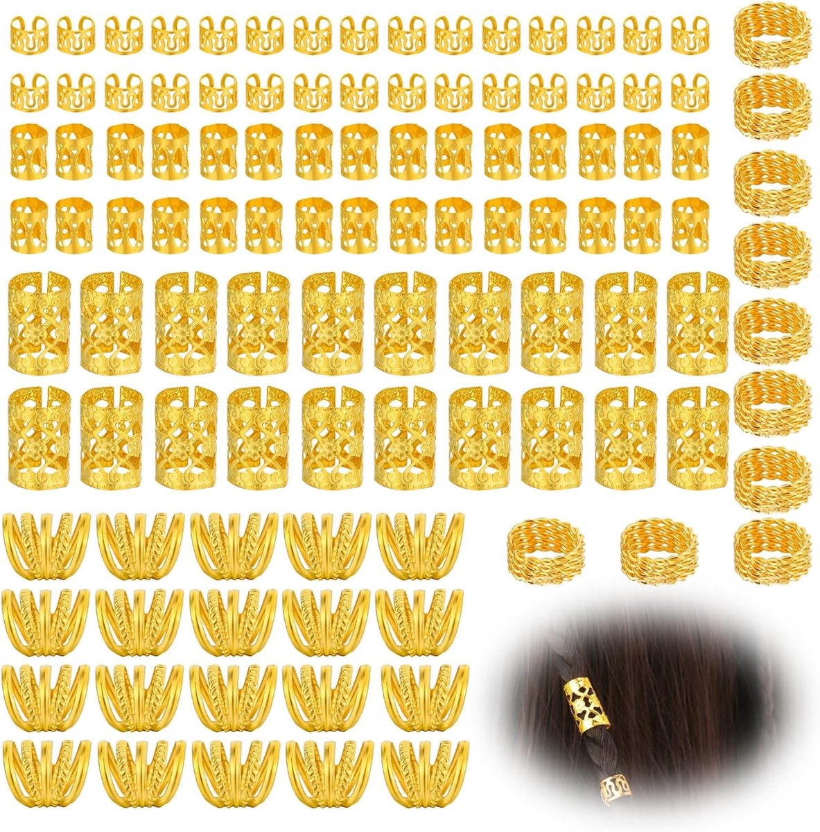 Haaraccessoires set 110 stuks - gouden haarkralen en ringen - voor vlechten en dreadlocks - creëer unieke kapsels - ShopVlot