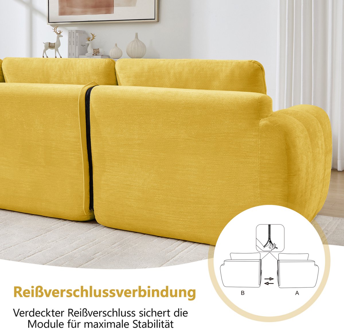 OKWISH Bank Set 2-Zits - Frameloos Modulaire Wolkenbank Met Karosteppatroon En 2 Ottomanen - Voor Woonkamer En Appartement - Chenille - Geel