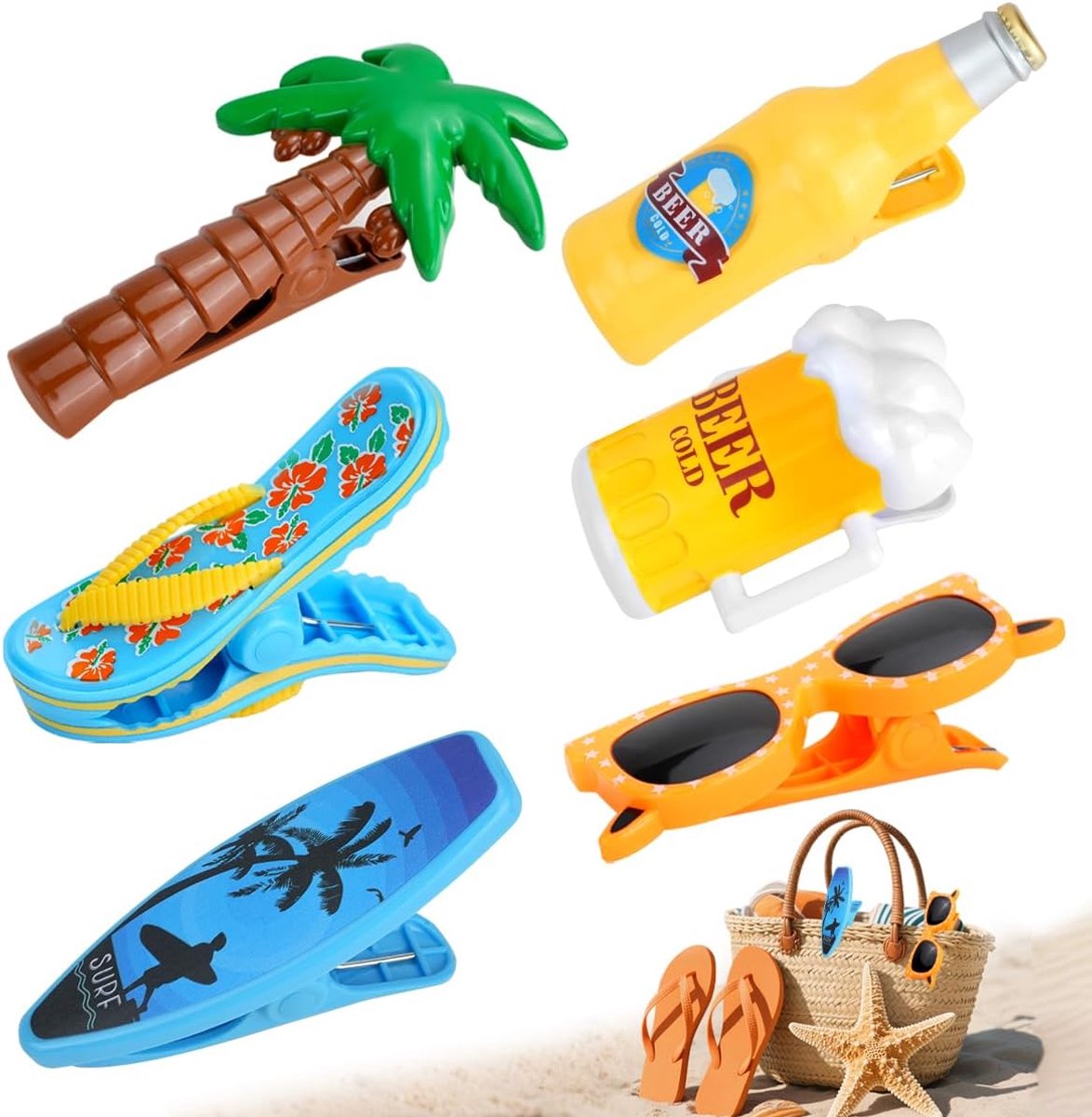 Handdoekclips set van 6 - grote plastic clips - vrolijke motieven - ideaal voor strand en zwembad - ShopVlot