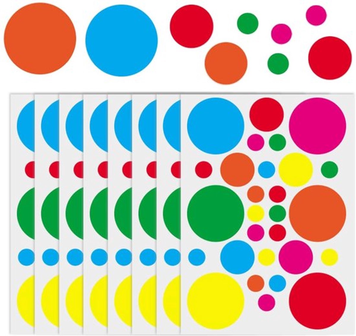Ronde Stickers 224 Stuks - Kleurrijke Zelfklevende Plakstippen - Voor Klaslokaal/Kantoor - 8 Vellen - Meerdere Maten/Kleuren - Hoogwaardige PVC-Papier