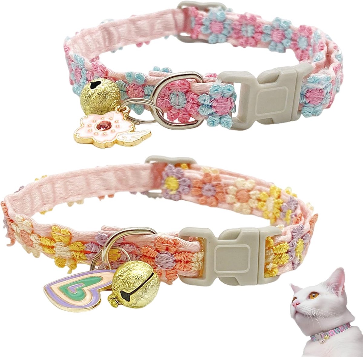 Kattenhalsbanden set van 2 - verstelbaar 18-30 cm - zacht polyestermateriaal - stijlvolle harten en kersenbloesems - ShopVlot