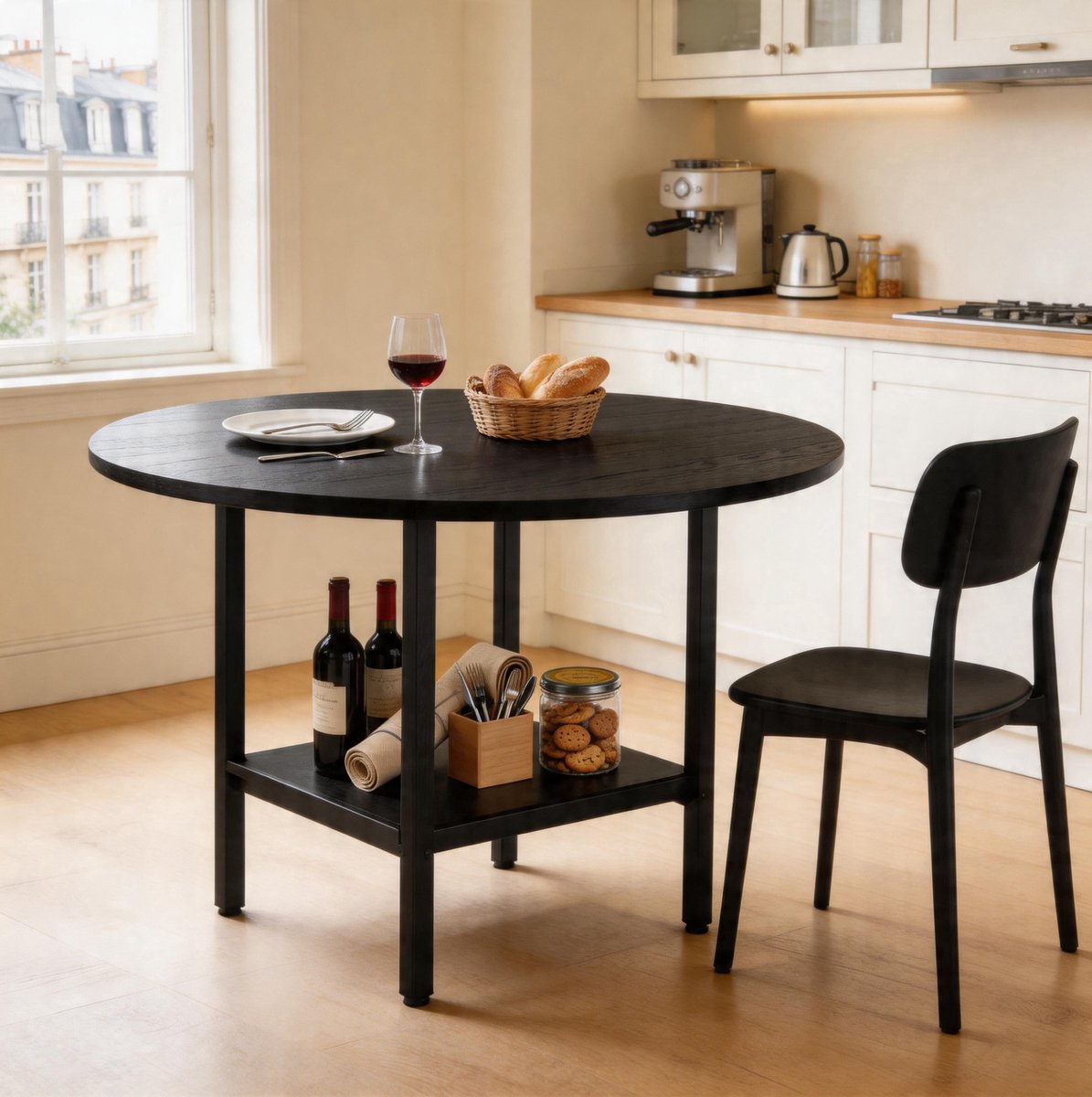 COVREO Ronde eettafel 100 cm zwart, MDF en metaal, met opbergvak