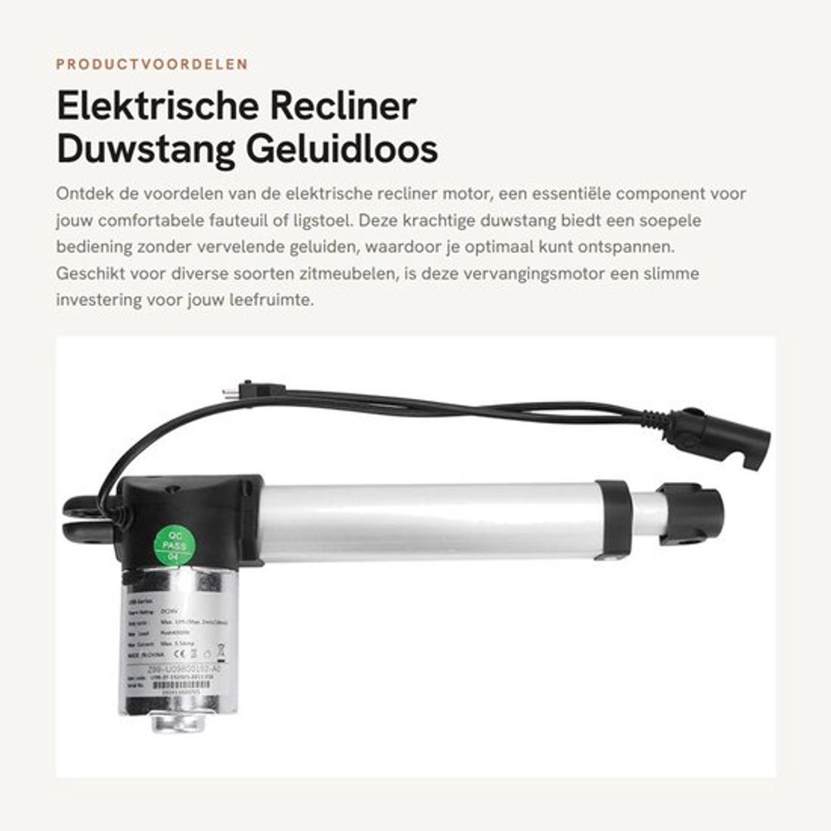 Elektrische Recliner - Duwstang - Geluidloos - Vervangingsmotor - Praktische Actuator voor Ligstoelen - Geschikt voor Fauteuils