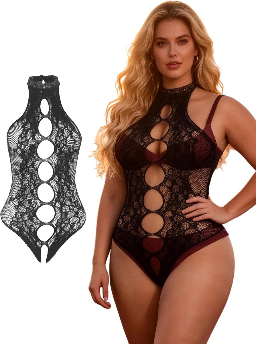 Body stocking plus size - open mesh - kanten detail - sexy uitstraling - ShopVlot