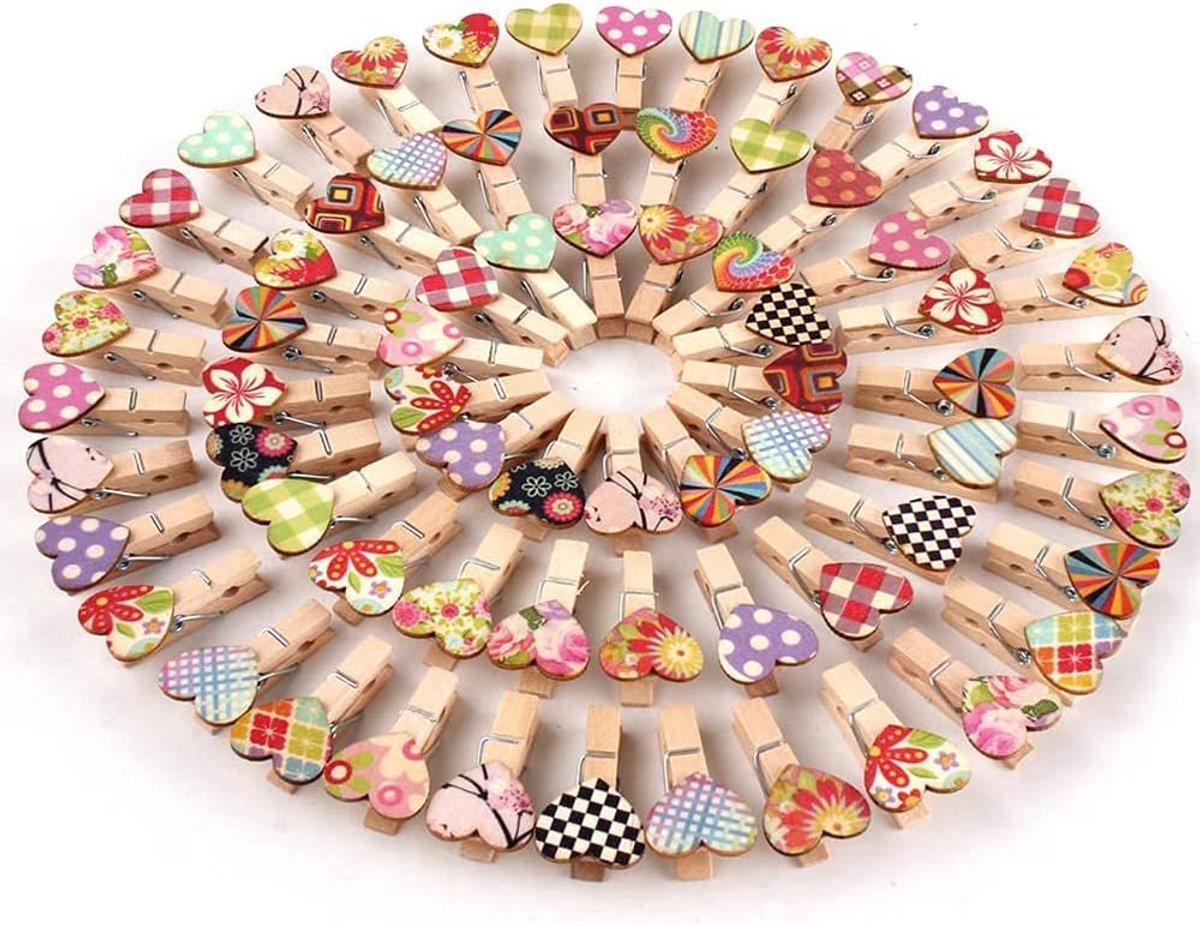 Mini wasknijpers 100 stuks - Houten clips met hartjes - Schattig en kleurrijk - Perfect voor knutselen - ShopVlot