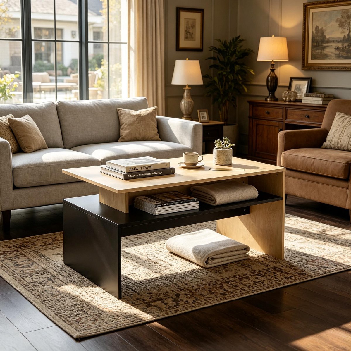 Salontafel 95x55x50 cm - MDF Tafel Met Opbergrek En Twee Kleuren - Zwart Naturel