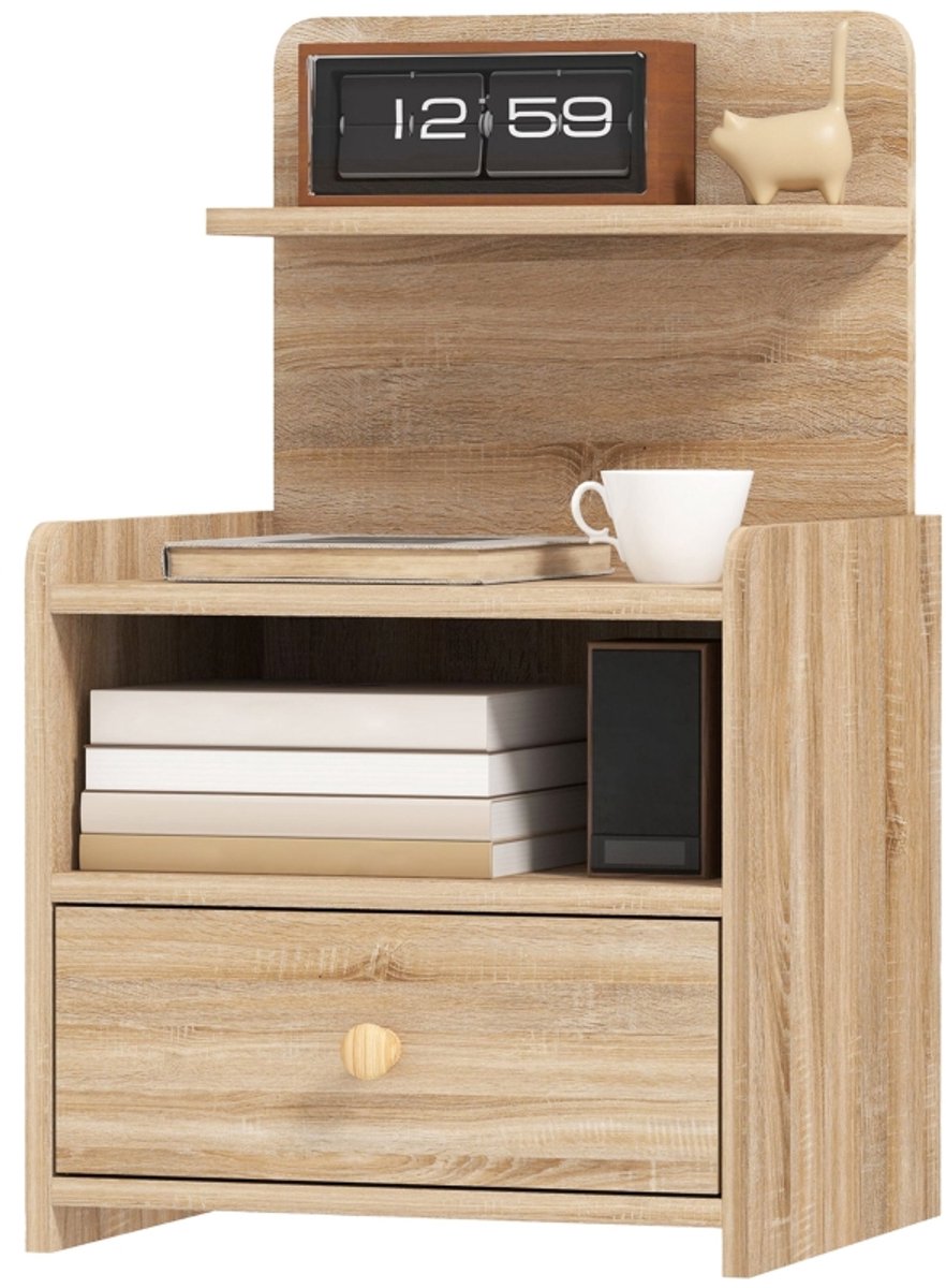 Bijzettafel 40x35x66 cm - Nachttafel Met Schublade En Opbergruimte - Hout Natuur
