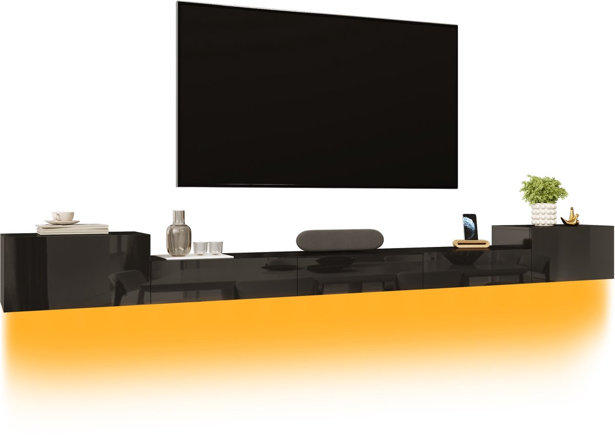Wandmeubel TV 245 cm - Hoogglans TV-Meubel Met LED En App Bediening - Zwart