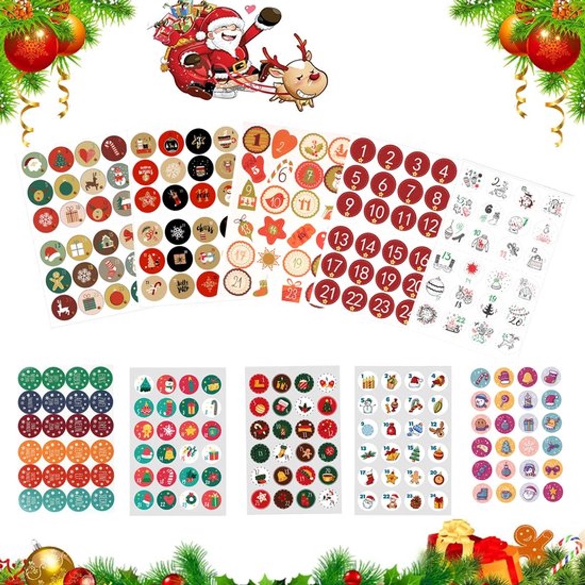 Adventskalender Stickers 10 x 24 - Cijfer Stickers - Ronde Cijfers - Kerstmis - Knutselen - Versieren - Cijferstickers