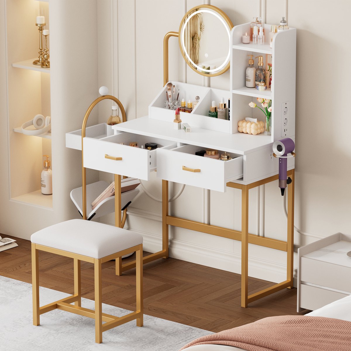Make-Up Tafel Met LED Spiegel - Kaptafel Met Kruk, 2 Lades, 2 Open Planken En USB - Draaibare Spiegel - Wit/Goud