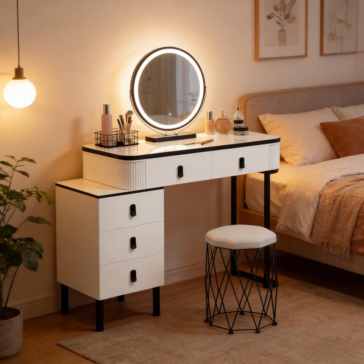Make-up Tafel 125x40 cm - Toilettafel Met LED Spiegel 45 cm En Kruk Met Opbergruimte Wit Zwart
