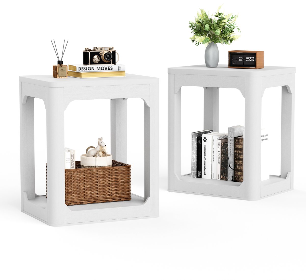 2-Delig Set Bijzettafels 50x40x60 cm - Tafels Met 2 Legplanken En Stevig Tafelblad Wit