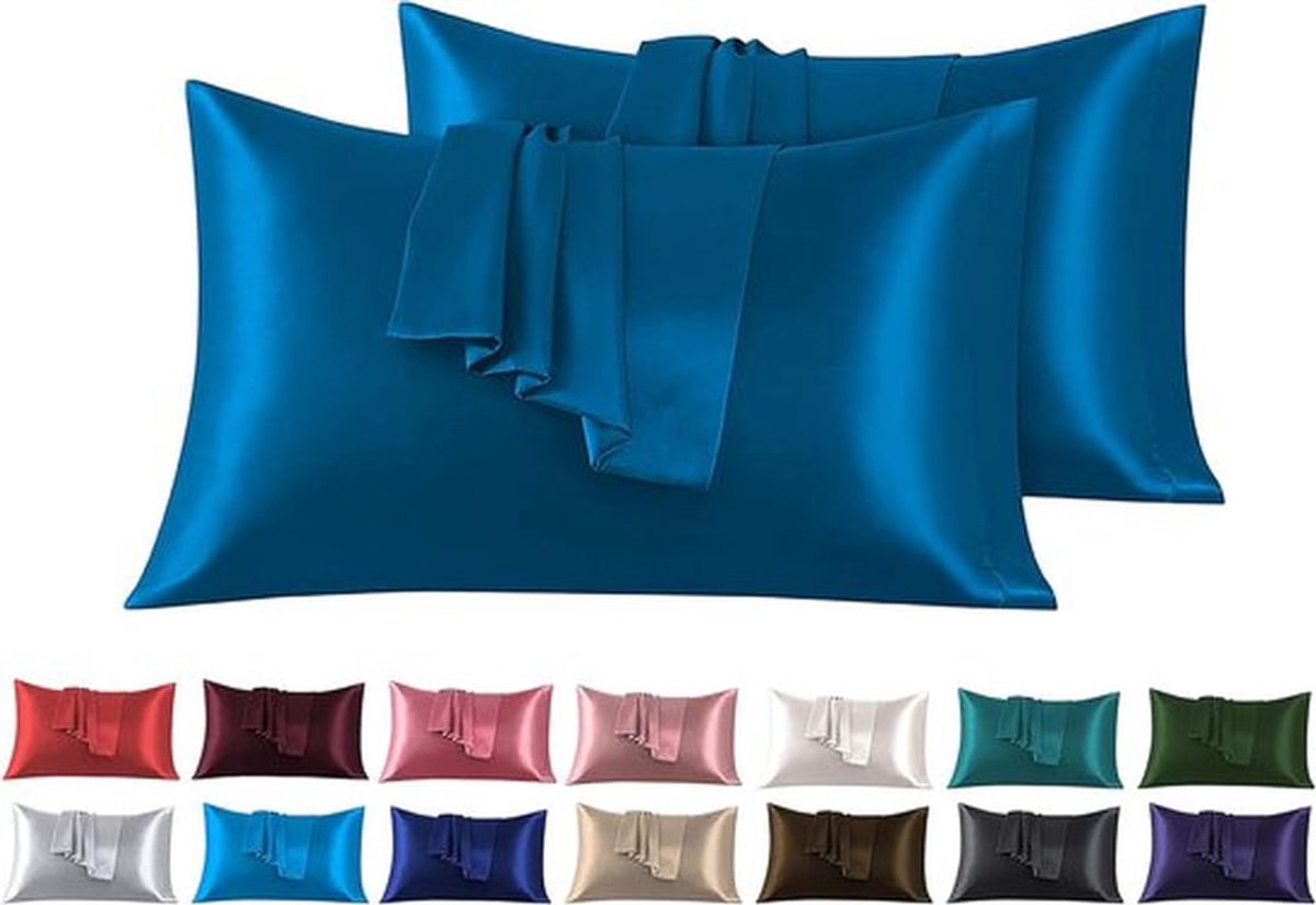 SnelShoppen - Set van 2 Satijnen Hoofdkussenslopen 45 x 70cm, Zacht en Zijdeachtig Bedkussen Navy Blauw, Envelop Sluiting, Anti-Mijt en Hypoallergeen,