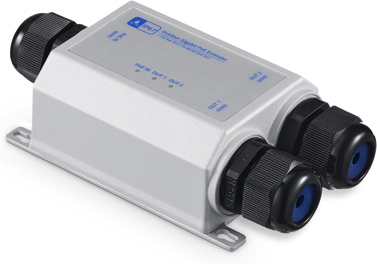 Outdoor Gigabit PoE extender - 1 PoE input en 2 PoE outputs - IP67 waterdicht met metalen behuizing - ShopVlot