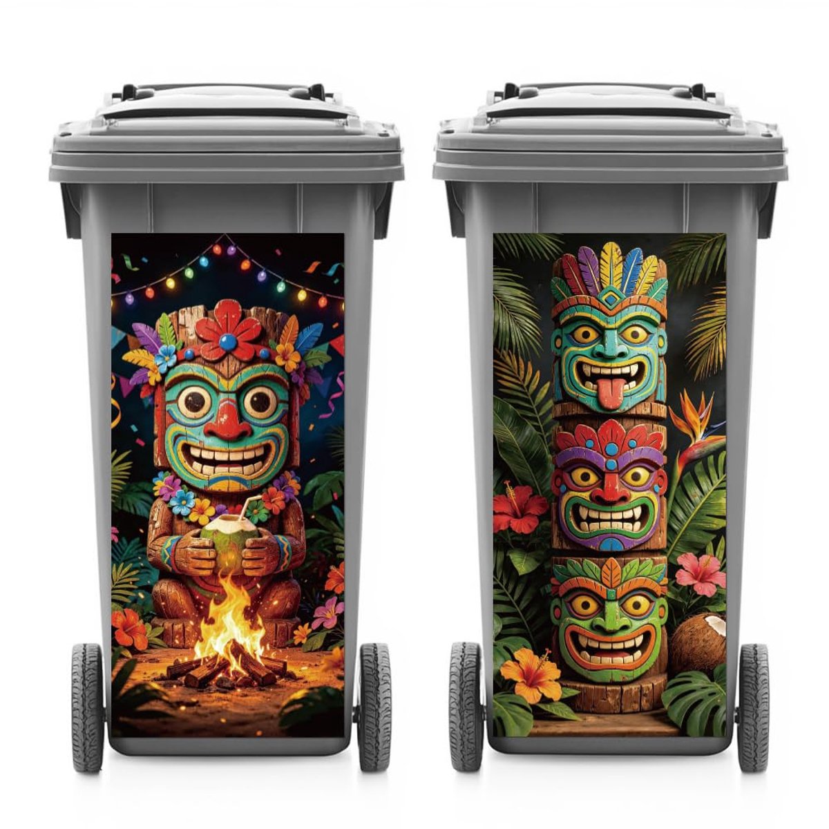 Afvalbak Stickers - 2 Vellen Tiki Totems - Zelfklevende PVC Stickers - Verfraai uw Afvalcontainer - ShopVlot