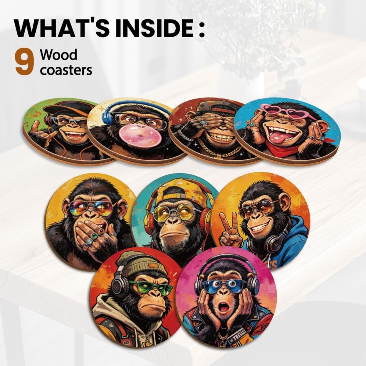 Houten onderzetters set van 9 - 9,9 cm rond - kleurrijke aap - vlekbestendig voor salontafel - ShopVlot