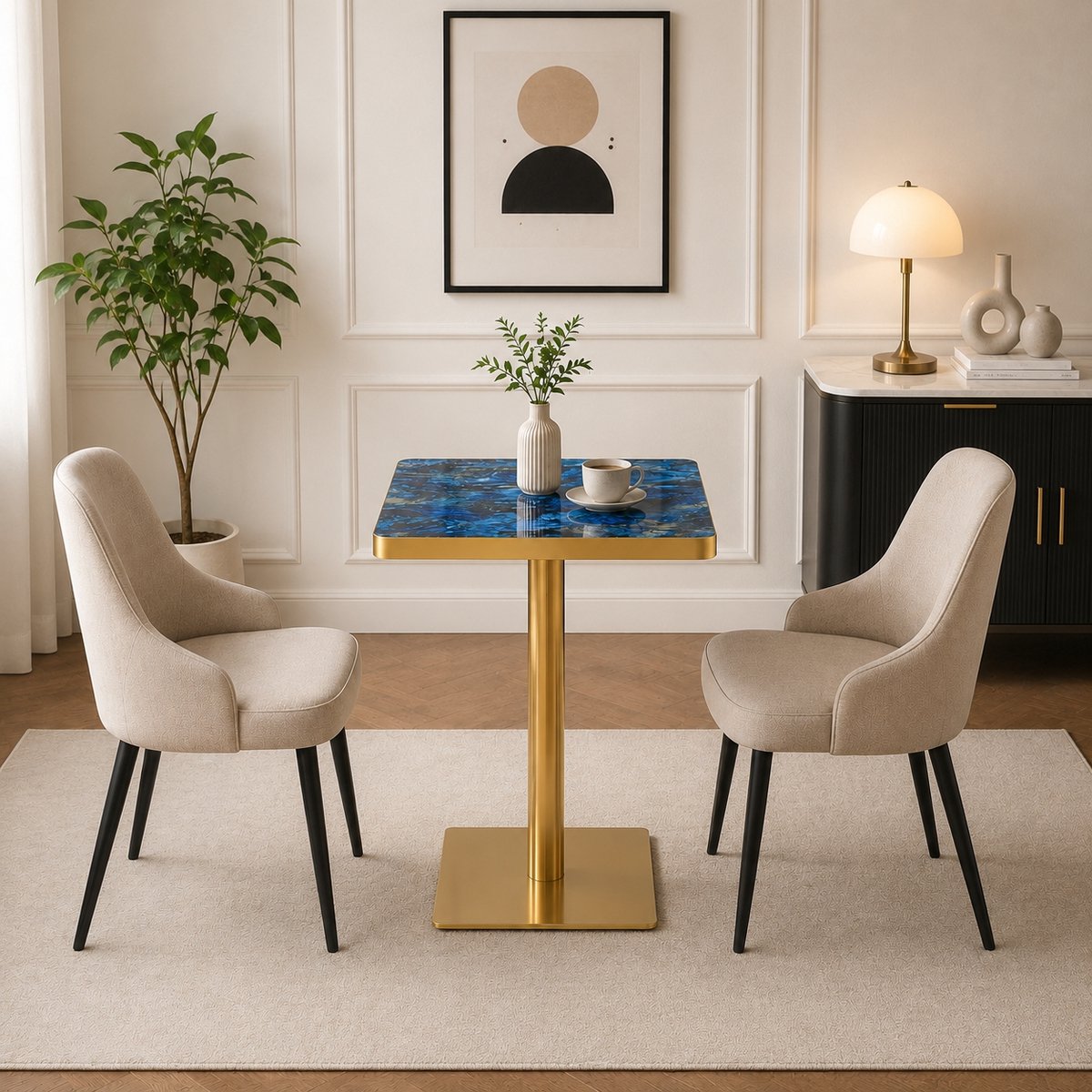 COVREO Eettafel 60x60 cm blauw, MDF met marmerlook en metalen onderstel Blue