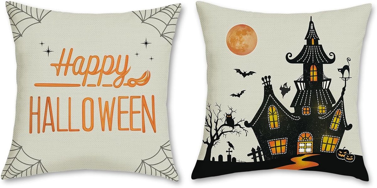 Kussenhoezen Halloween 45x45cm - Grijs Oranje Polyester Linnen - Spookachtige kasteelprint - ShopVlot