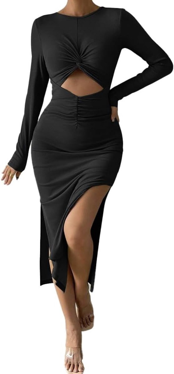 Damenkleider langärmelig XL - zwart - sexy cutaway split - perfect voor cocktailparty - ShopVlot