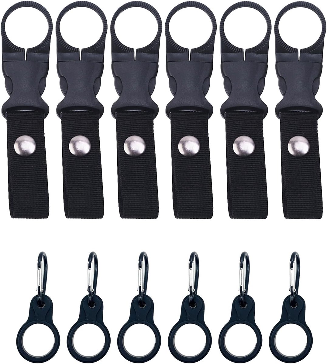 Waterfleshouder clip zwart nylon - 12 stuks - met karabijnhaak - veilig voor onderweg - ShopVlot