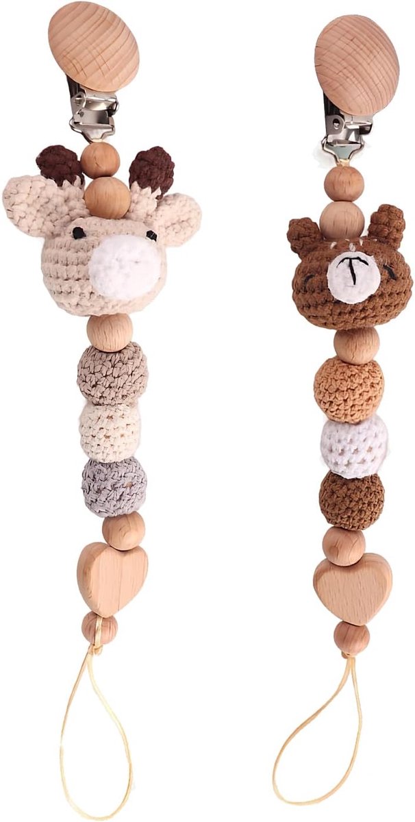 Fopspeenkettingen 2 stuks - handgemaakt - giraffe en beer - houders voor kinderwagen - ShopVlot