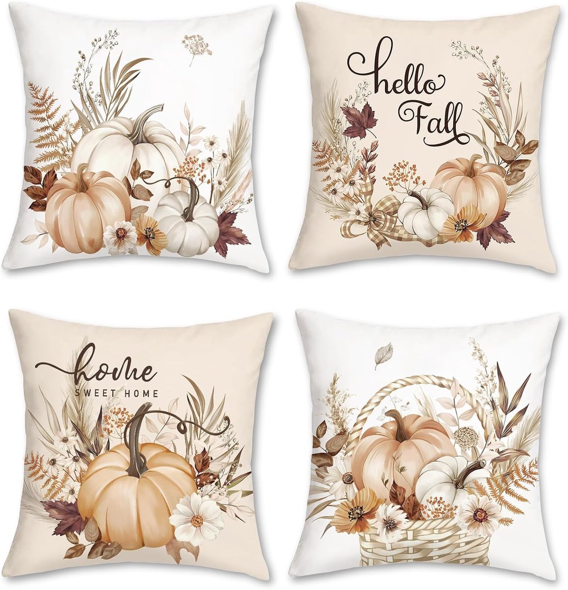 Kussenslopen 45 x 45cm - Beige Oranje Pompoenen - Herfstblad Krans - Sfeervolle decoratie voor jouw woonkamer - ShopVlot