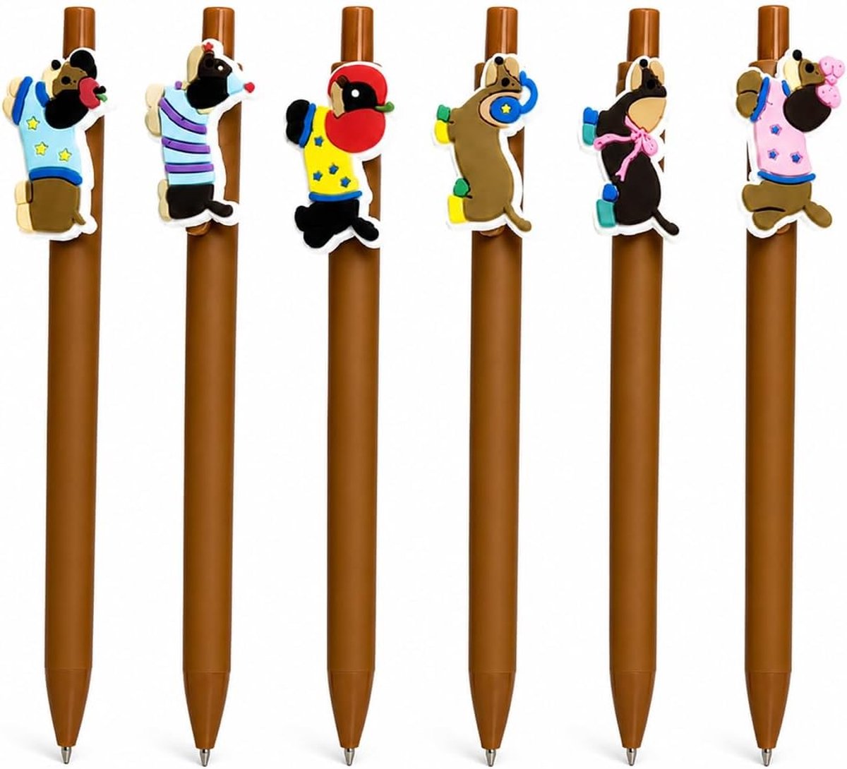 Teckel-drukbalpennen 6-delige set - schattige hondenmotieven - vloeiend schrijfgevoel - perfect voor kantoor en studie - ShopVlot