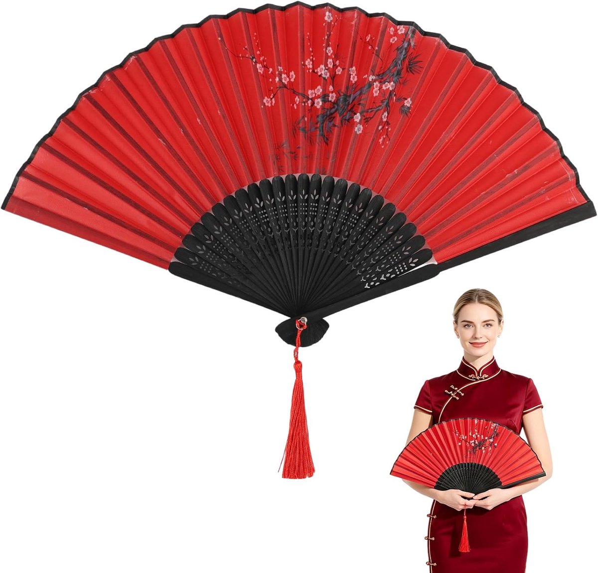 Vouwwaaier rood vintage Chinese stijl, 23 cm, bamboe en zijde, oosterse decoratie, wandwaaier, feestaccessoire en - ShopVlot