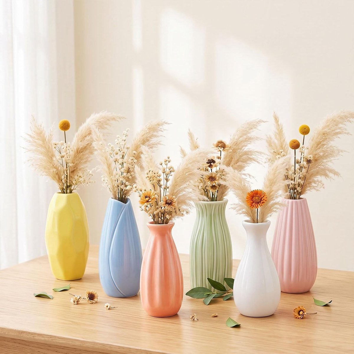 Keramische vaas, 6-delige gekleurde bloemenvaas, kleine vaasset, keramische vazen voor pampasgras, gedroogde bloemen - ShopVlot